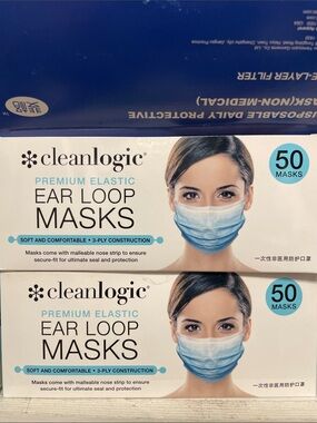 2 boxes of cleanlogic ear loop masks, 50 mask per box, total of 100 mask